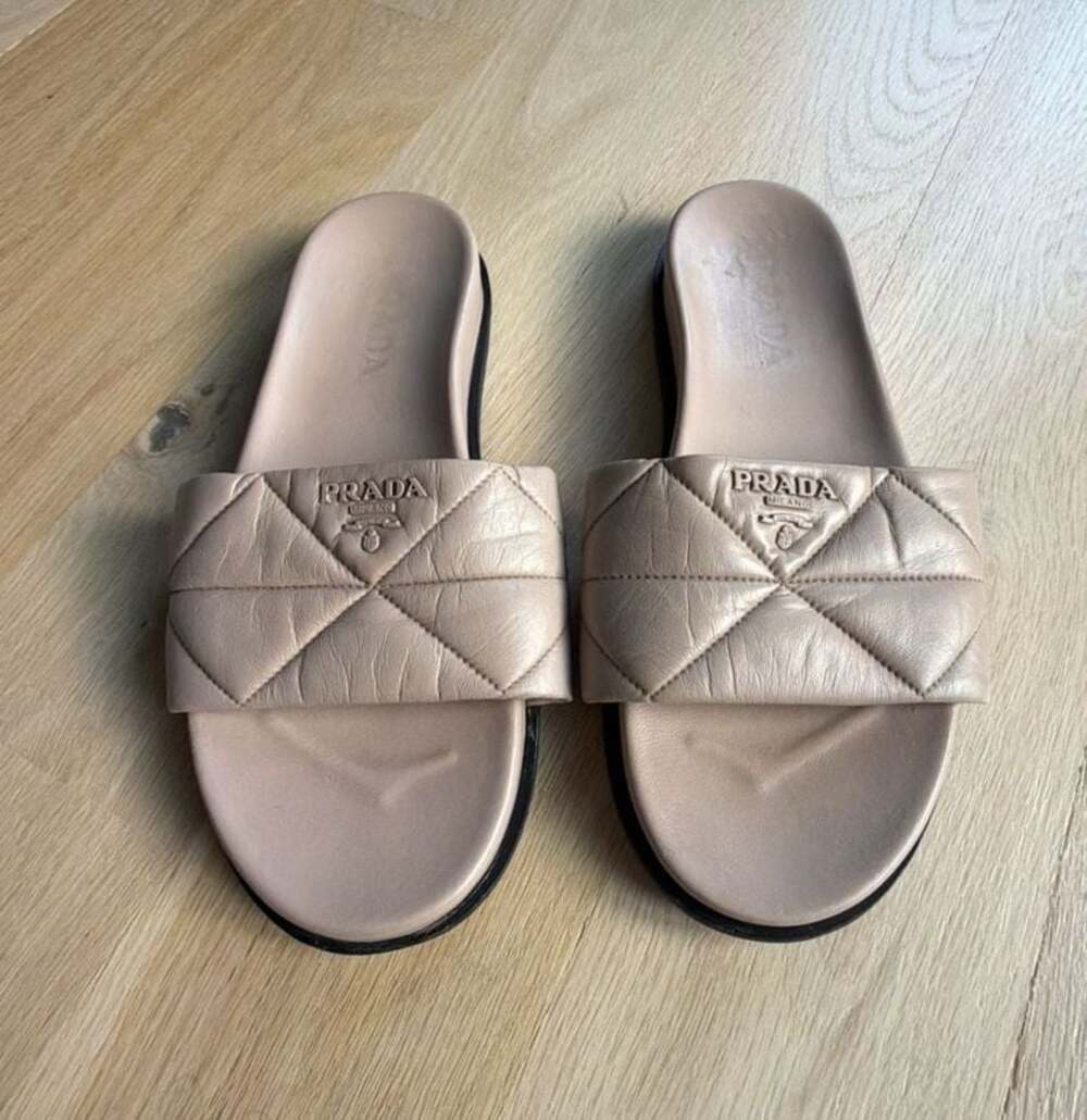 Prada Neutral Logo Slides in Quilted Nappa
